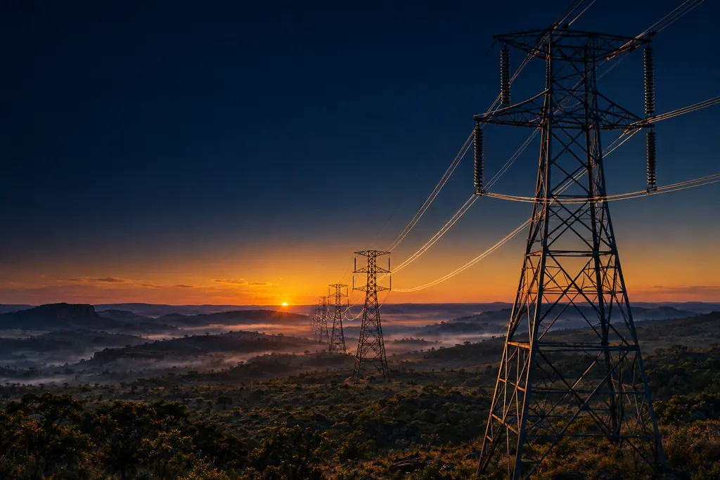 Ilustração: torres de transmissão de alta tensão atravessando morros com névoa ao amanhecer